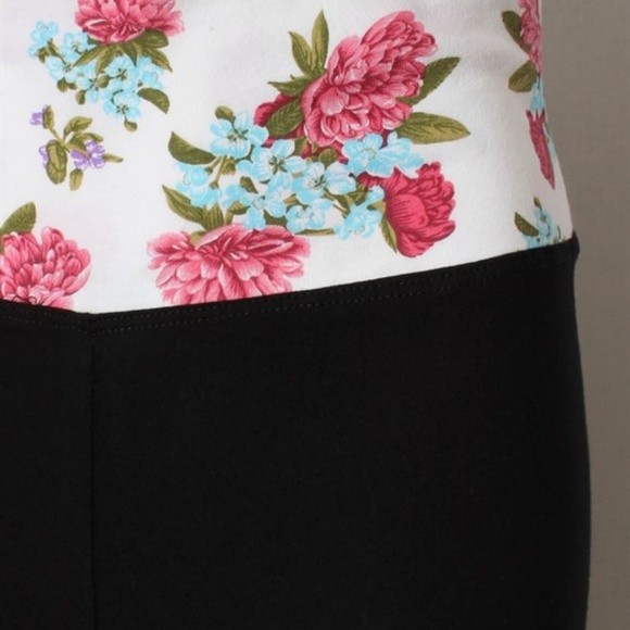 Black Floral Fold Over Stretch Yoga Pants Leggings - Picture 8 of 8